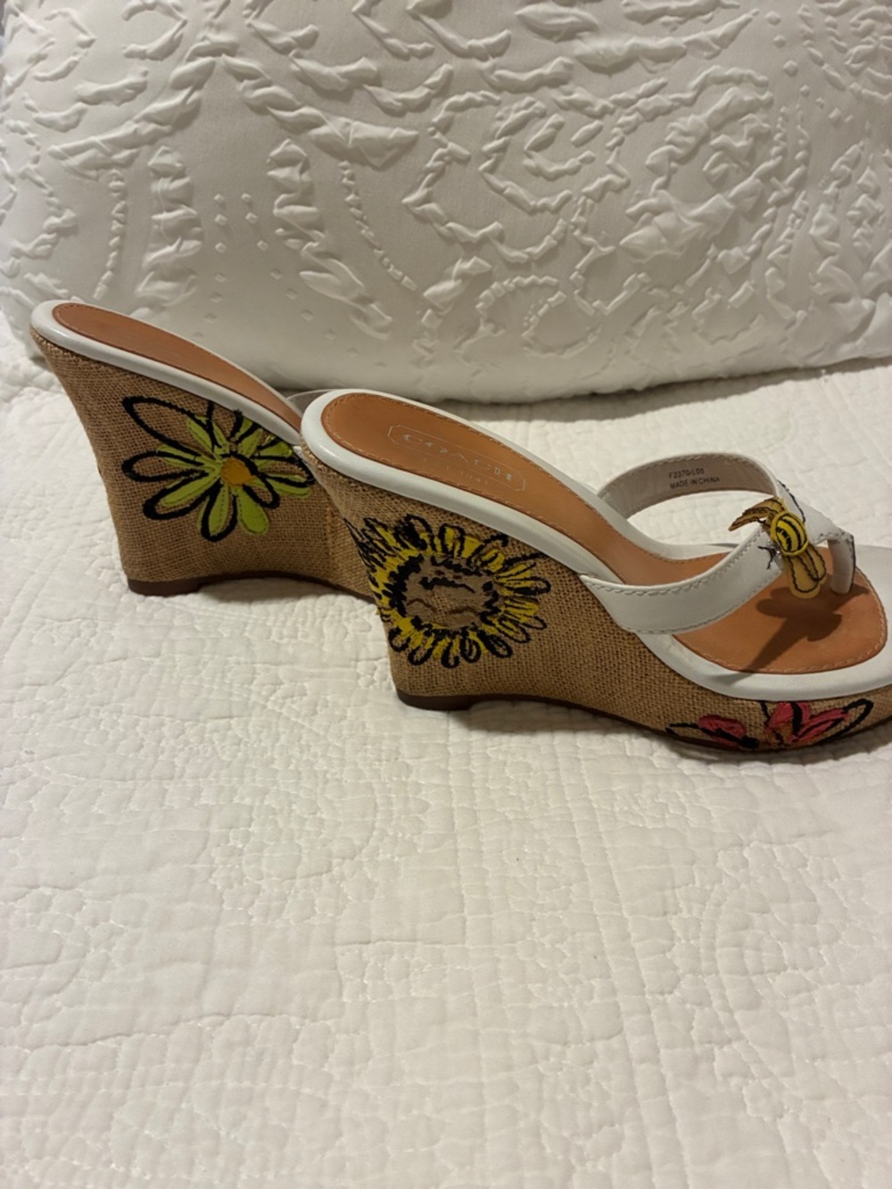 Coach White Leather Bee-Embellished Thong Wedge Sandals - Picture 3 of 3